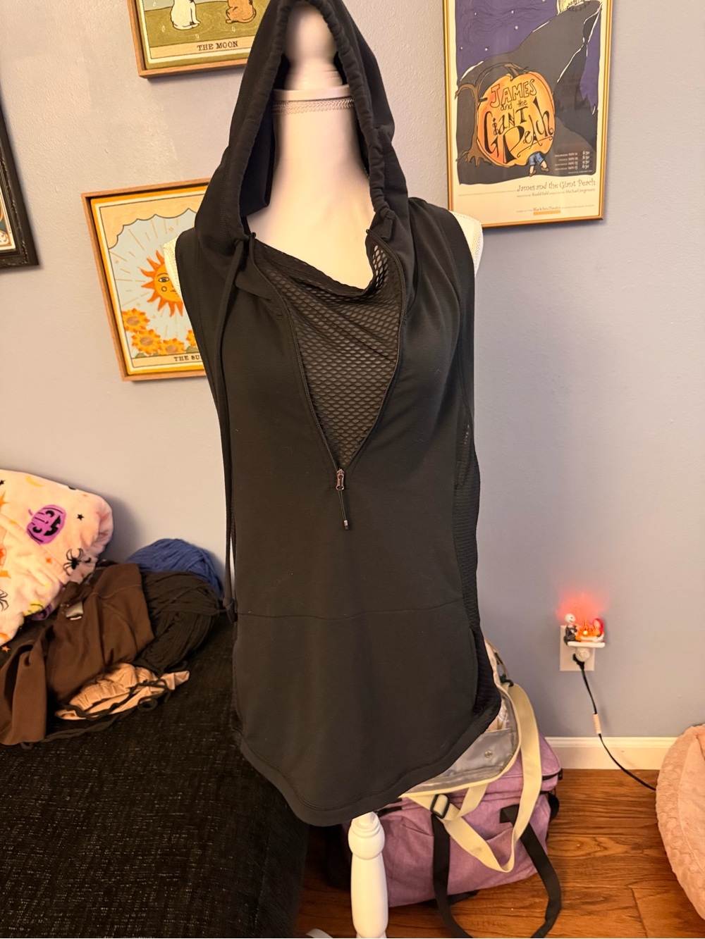 Black Hooded Sleeveless Tank with Mesh Front - Women's Active Top